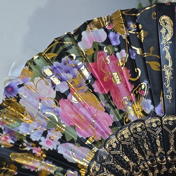 Black Gold Butterfly Floral Design Folding Hand Fan New - Picture 3 of 5